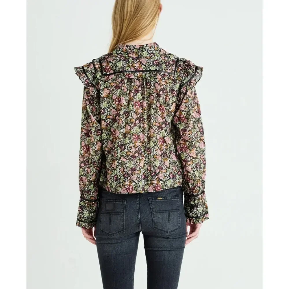 Free People Daybreak Top Womens Small Moody Floral Boho Ruffled Blouse